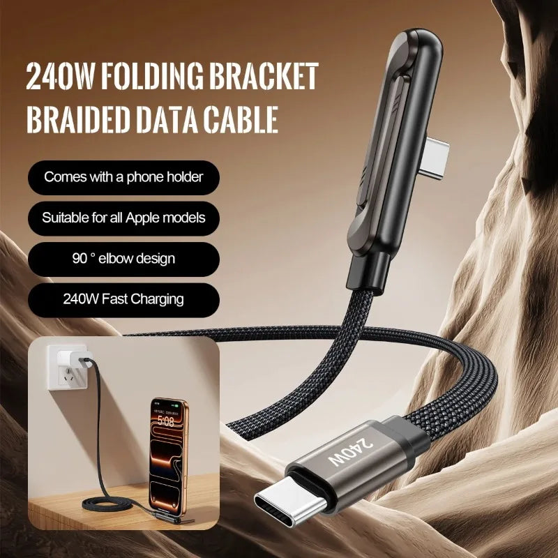 240W USB-C Fast Charging Cable with Foldable Phone Stand USB-C Charging Cable Nixie