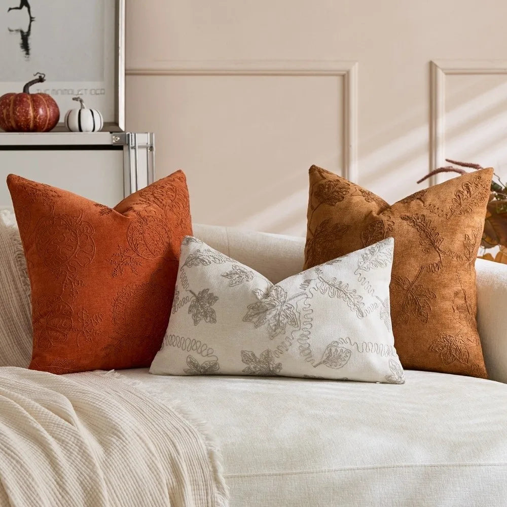 Pumpkin Maple Leaf Embroidered Throw Pillow Cover 45x45cm