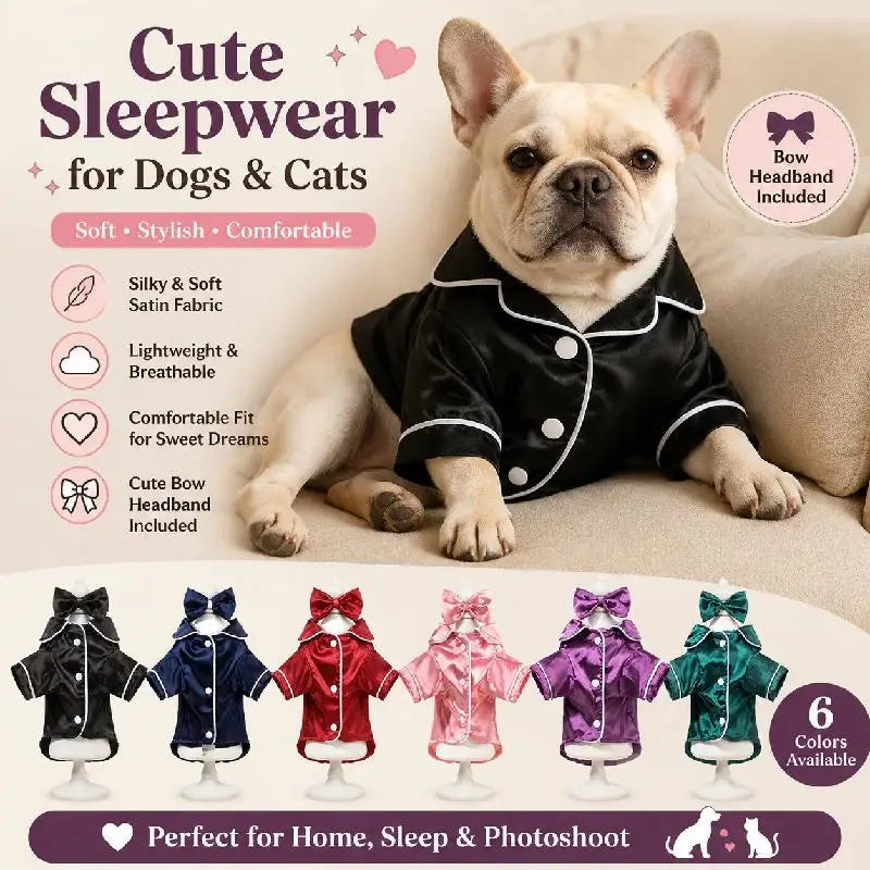 Satin Dog Pajamas Set with Bow Headband | Soft Pet Sleepwear