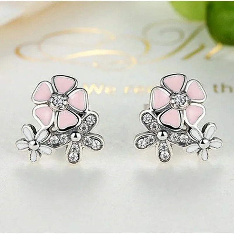 Silver Floral Daisy Zircon Stud Earrings – Pink & Peach Stud Earrings Nixie