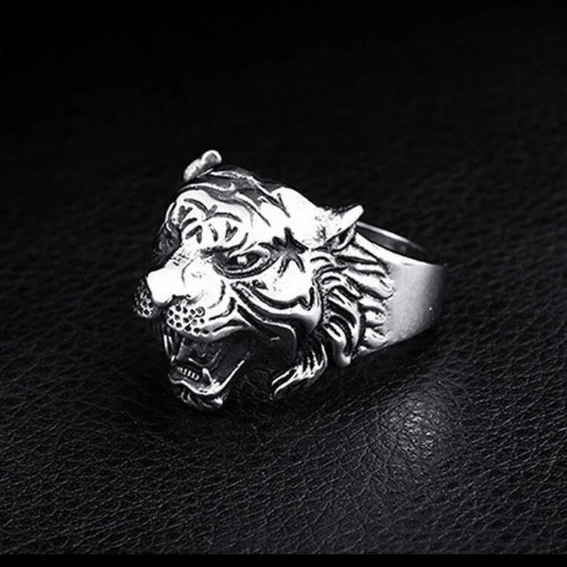 Tiger Head Adjustable Biker Ring | Zinc Alloy Retro Punk Style Fashion Ring Nixie resizable WHITE