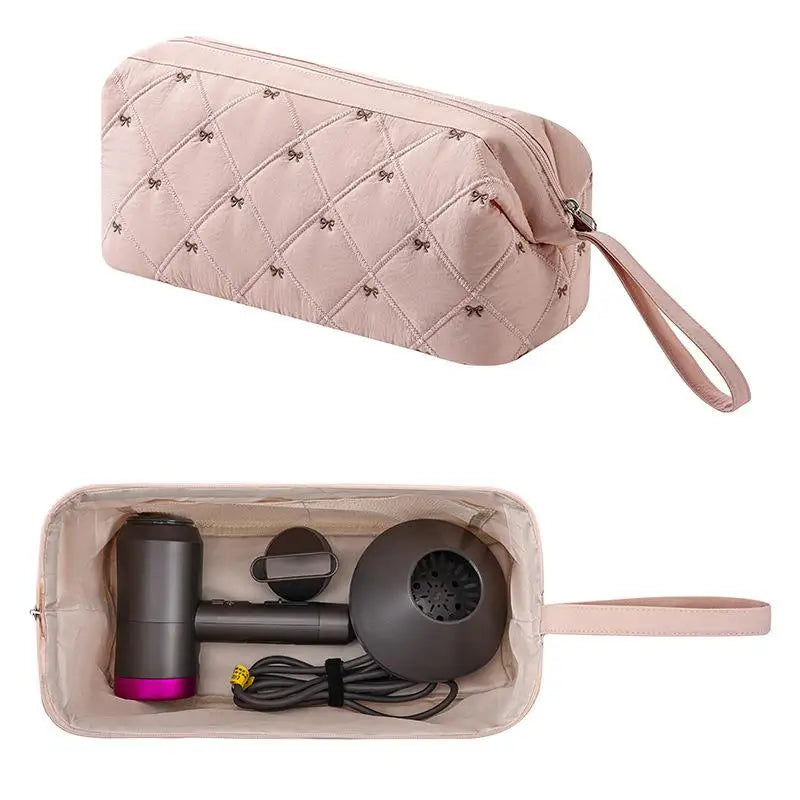 Quilted Hair Dryer Bag – Bow Embroidery Travel Storage Organizer
