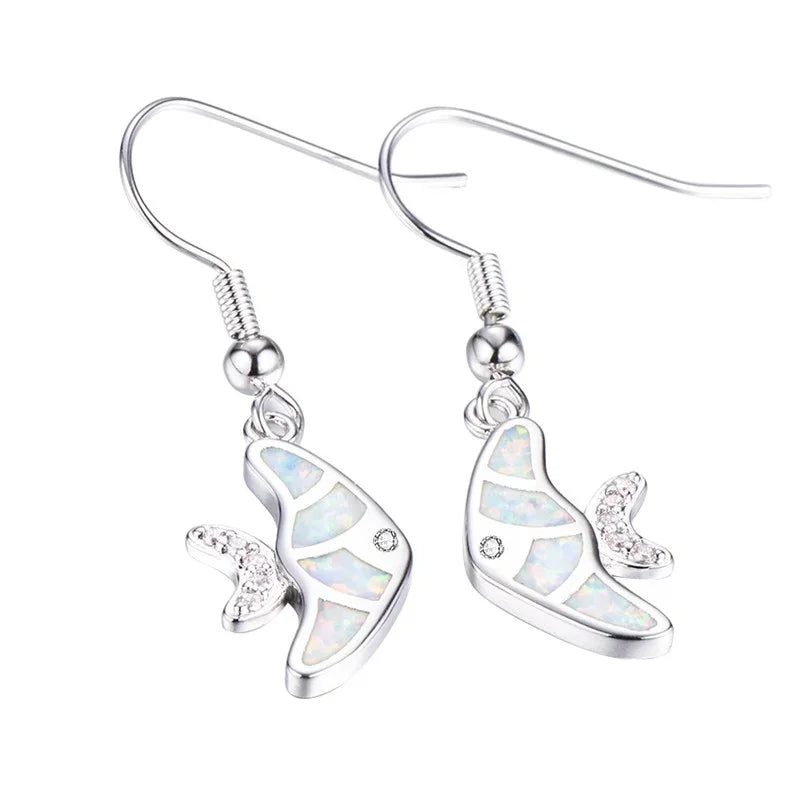 White Simulated Opal Silver Fish Dangle Hook Earrings Dangle Drop Earrings Nixie WHITE
