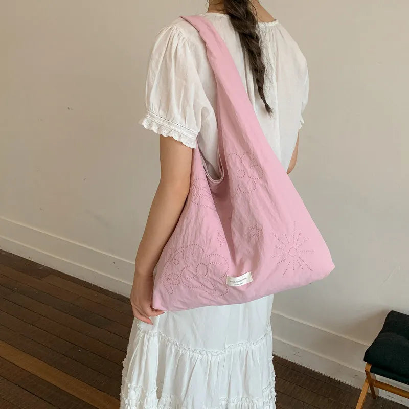 Korean Floral Embroidery Tote Bag – Large Shoulder Handbag