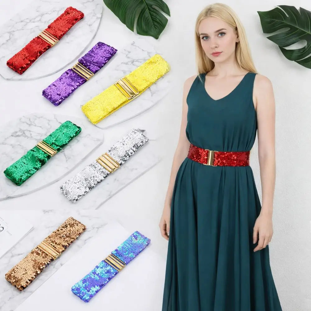 Women's Elastic Sequin Stretch Belt Gold Buckle – 60cm Sequin Stretch Belt Nixie