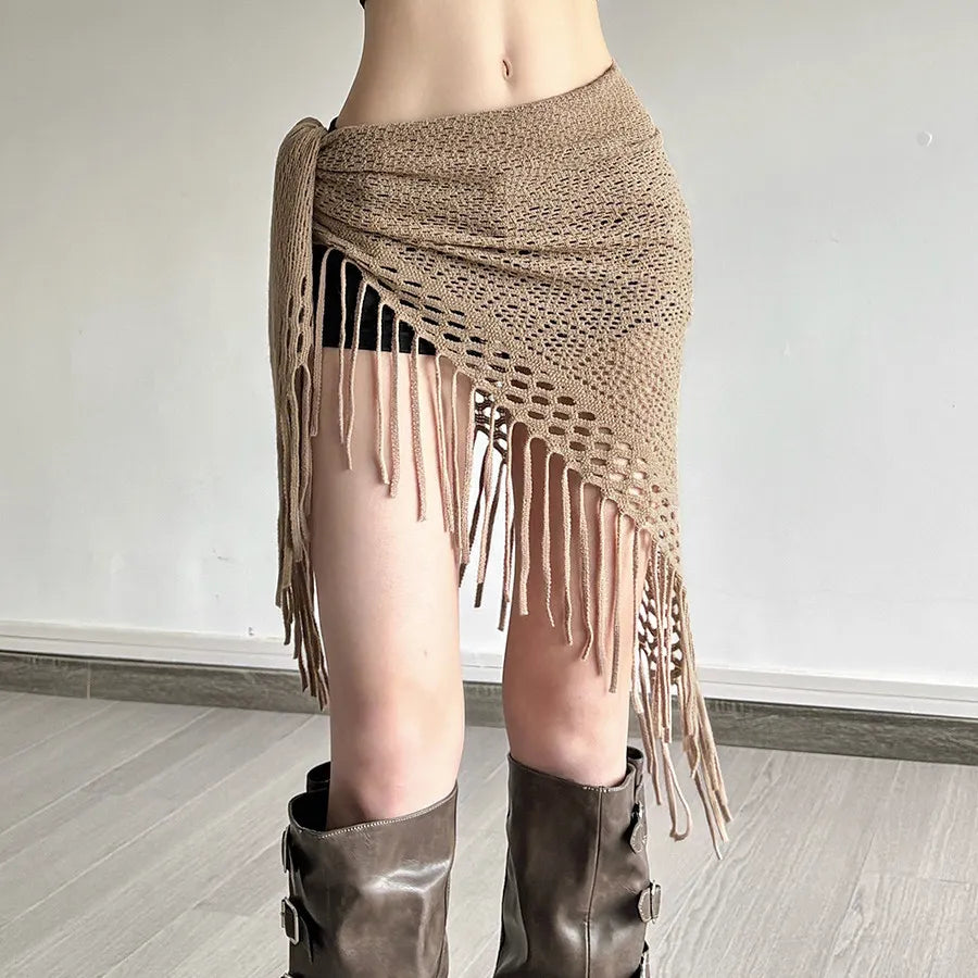 Bohemian Tassel Knit Triangle Hip Scarf – Jazz Dance Wrap Dance Hip Wrap Scarf Nixie coffee color