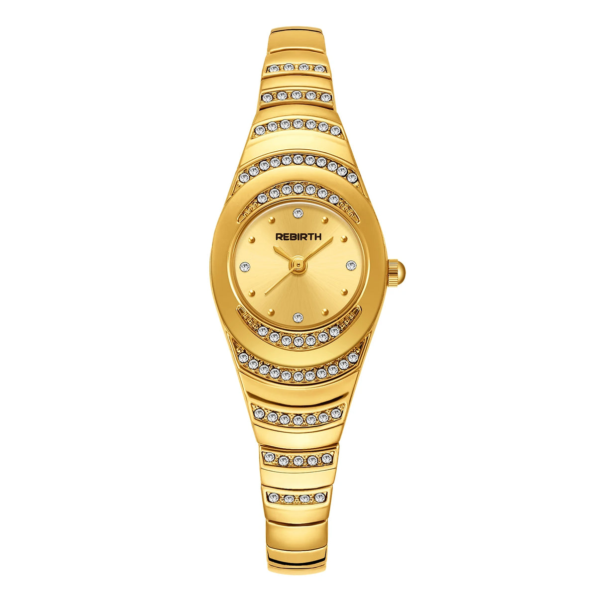 REBIRTH Vintage Oval Diamond Women's Quartz Watch | Steel Band Women's Quartz Watch Nixie Gold