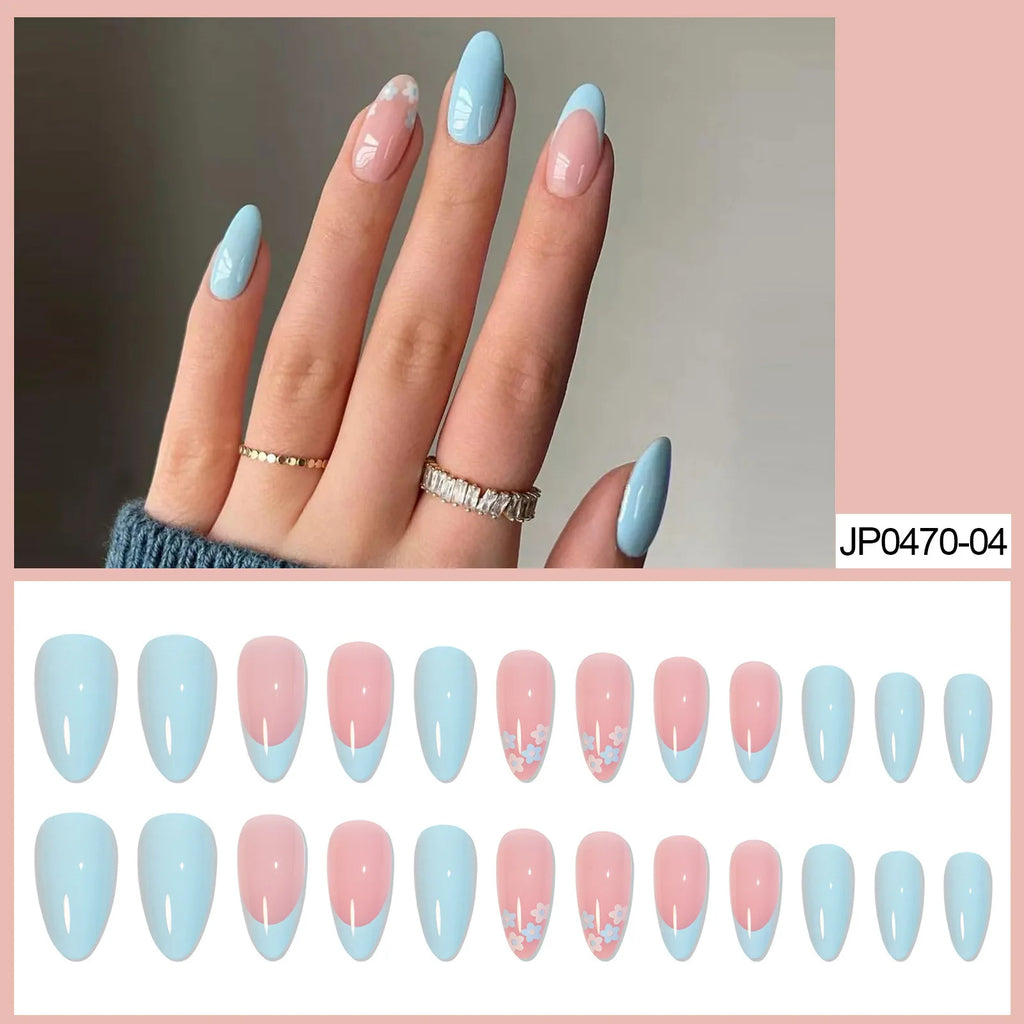 Almond False Nails L – Nude Floral Rhinestone Tips 24pcs | Nixie