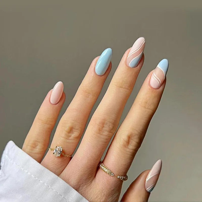 Blue Wave French Press-On Nails Rhinestone Crystal L Size Press-On Nails Nixie