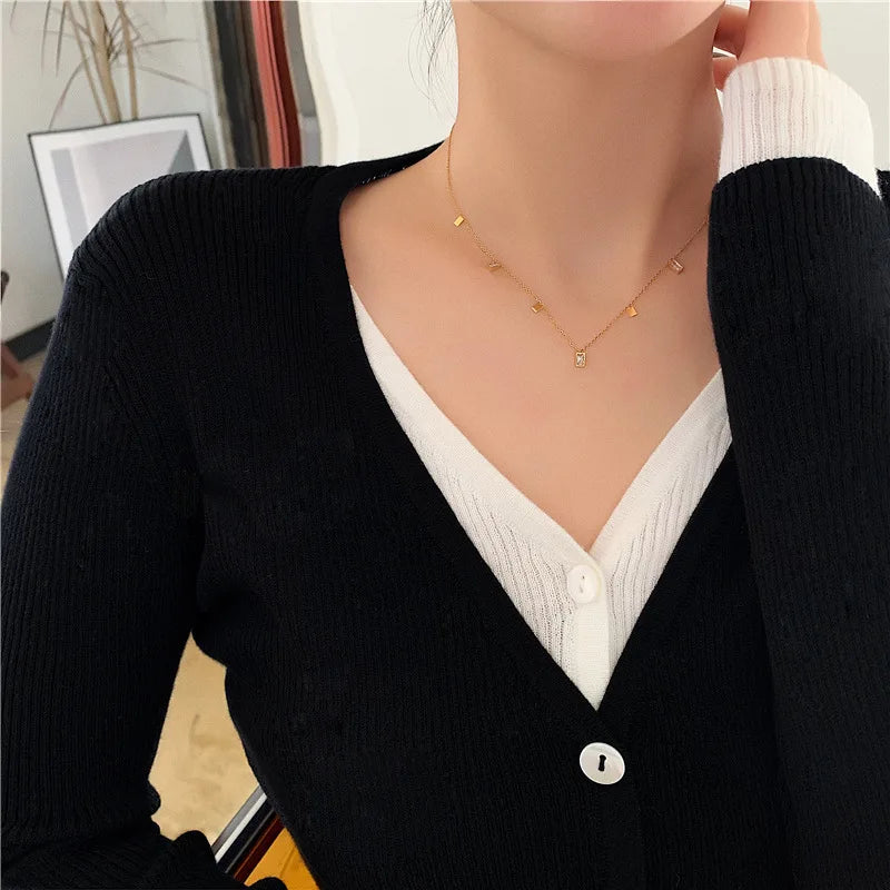 Square Crystal Zircon Fringe Pendant Necklace | Gold Stainless Steel