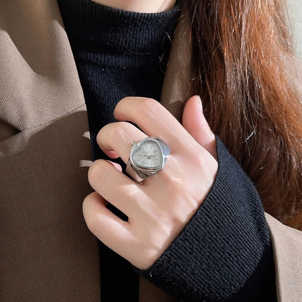 Retro Heart Shape Ring Watch – Stainless Steel Quartz Clock Ring Watch Nixie