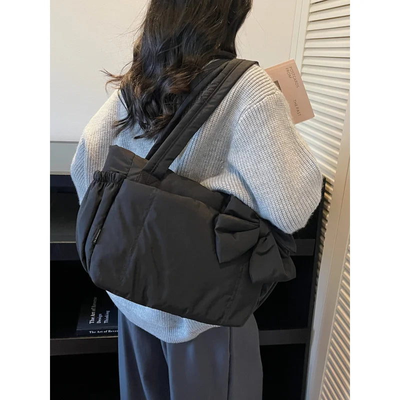 Nixie Quilted Bow Shoulder Bag – Women's Lightweight Tote Quilted Shoulder Bag Nixie