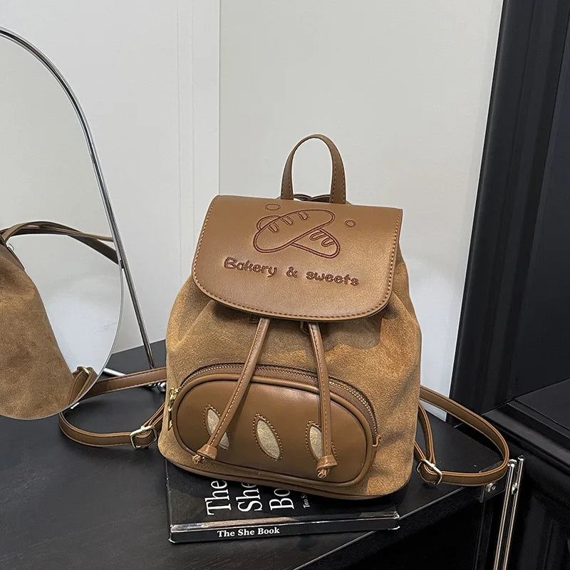 Korean Cartoon Embroidered Suede Small Backpack for Women Embroidered Backpack Nixie BB-669-Brown(no pend