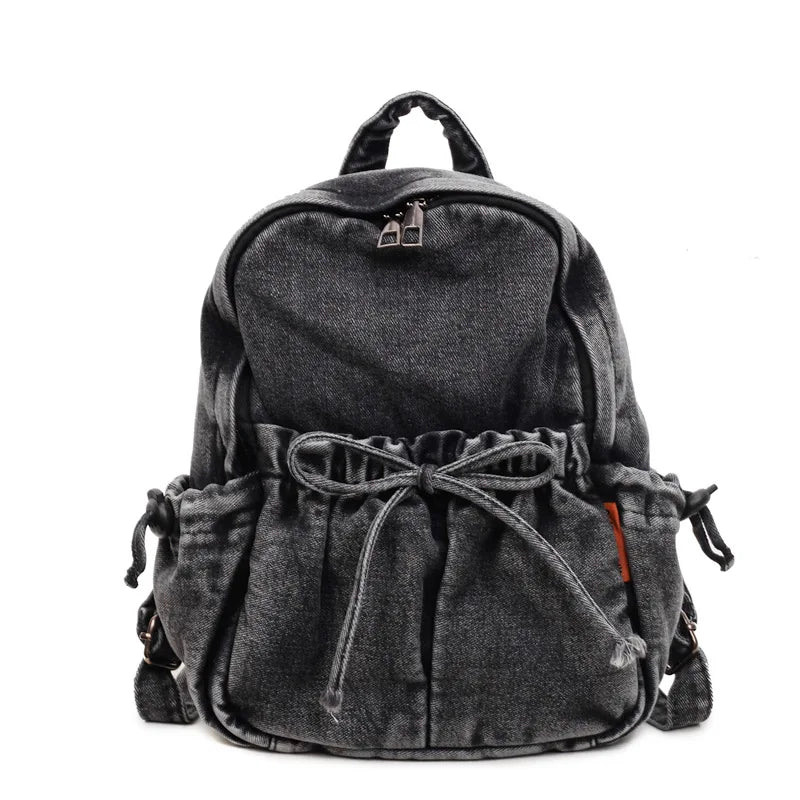 Vintage Washed Distressed Denim Mini Backpack for Women Denim Mini Backpack Nixie Black