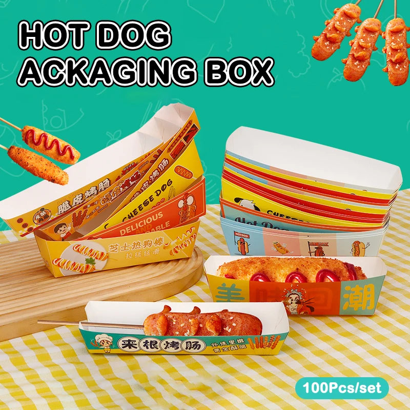 100pcs No-Fold Hot Dog Paper Boxes – Disposable Food Trays Disposable Food Tray Nixie