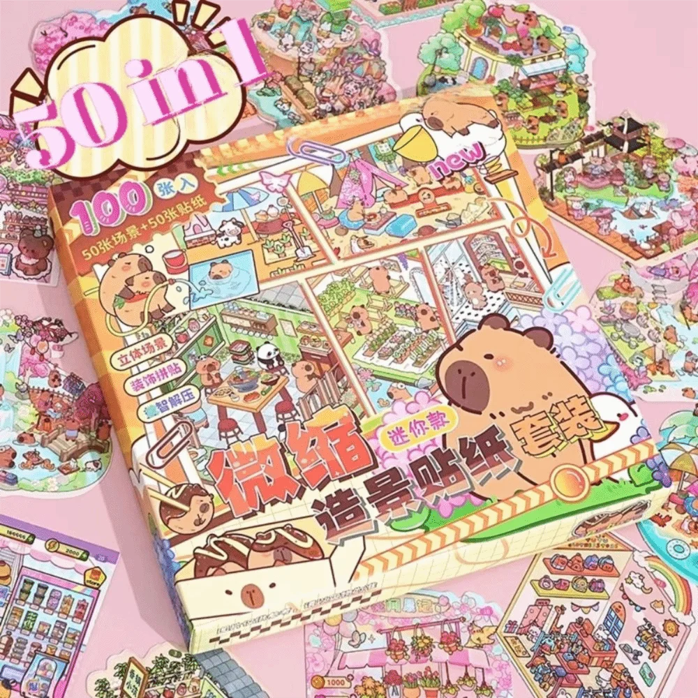 50-in-1 Miniature Scene Landscape Stickers – DIY 3D PET Pack Decorative Sticker Set Nixie