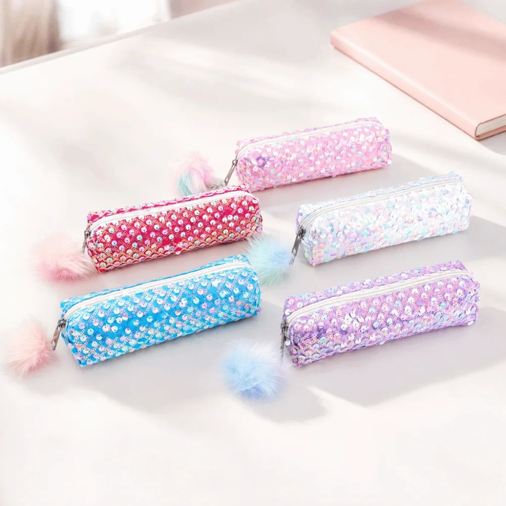Sequin Pencil Case Rainbow Shiny Zipper Pouch for Students