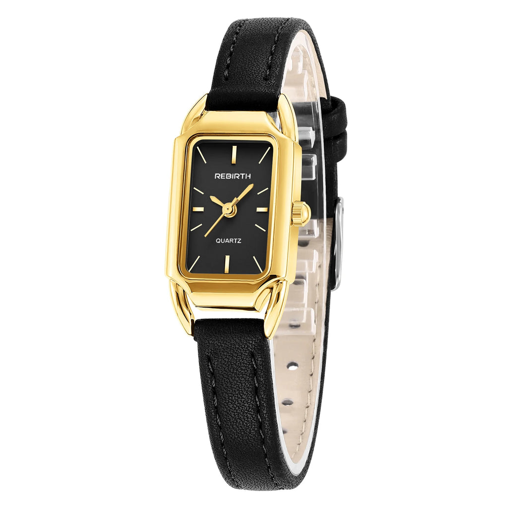 REBIRTH Women's Retro Leather Strap Quartz Watch | Rectangle Dial