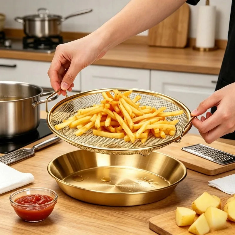 Gold Deep Fryer Rack Mesh Basket & Air Fryer Liner – Oven Safe Fryer Rack Basket Nixie