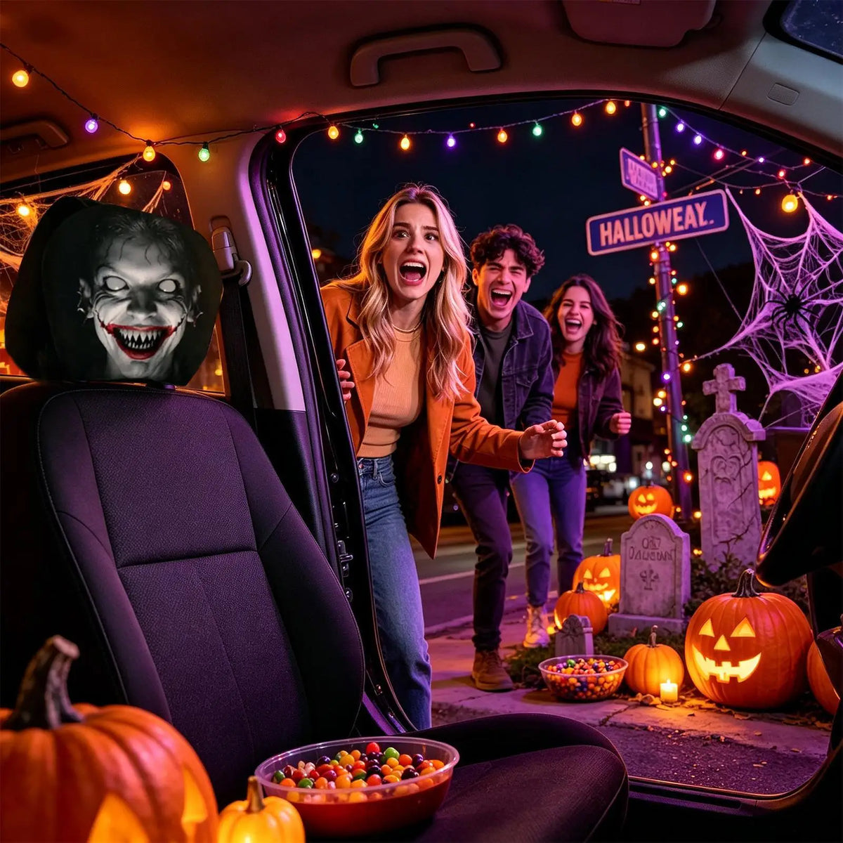 Scary Car Headrest Covers – Universal Spooky Pillowcase 2-Pack