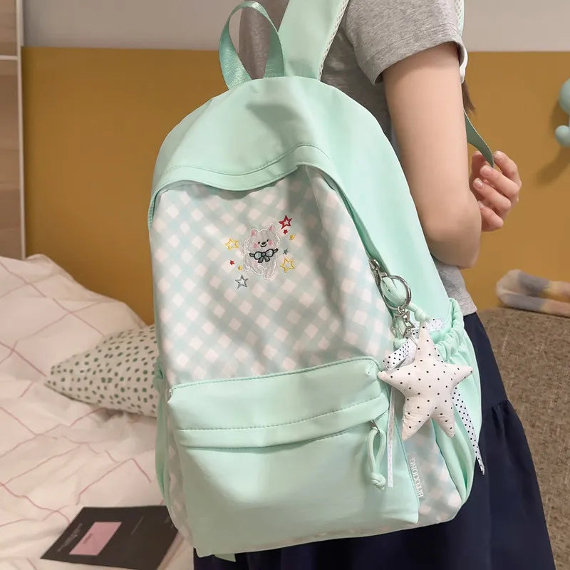 Korean Plaid Embroidered Backpack for Women – Large Capacity