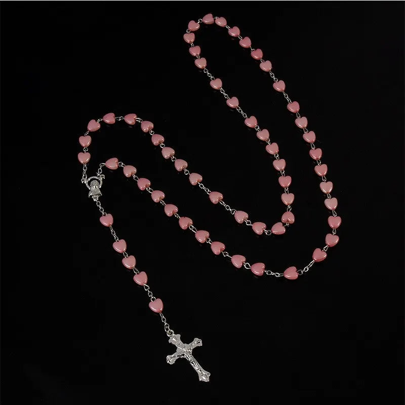 White Gold-Plated Cross & Heart Beaded Necklace | Nixie Beaded Necklace Nixie