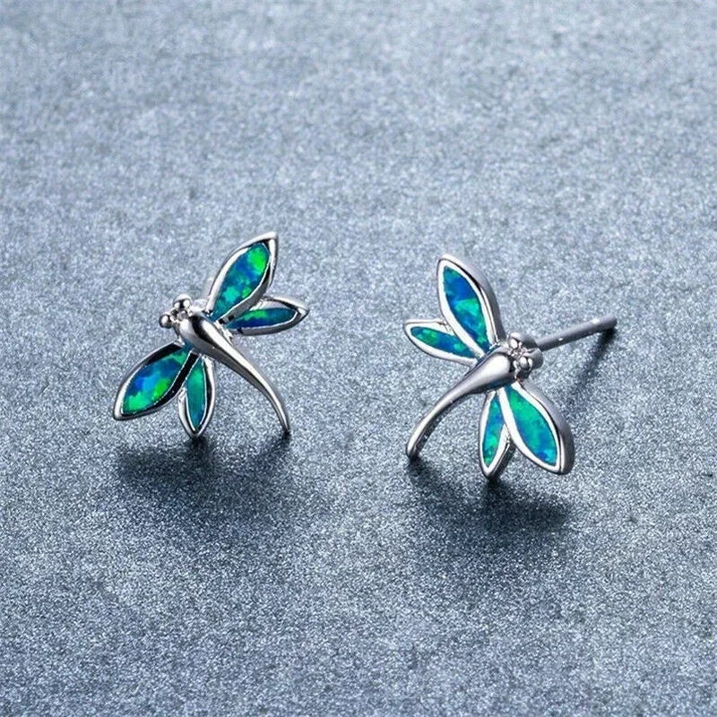 Dragonfly Simulated Opal Stud Earrings – Silver Pink Purple Stud Earrings Nixie