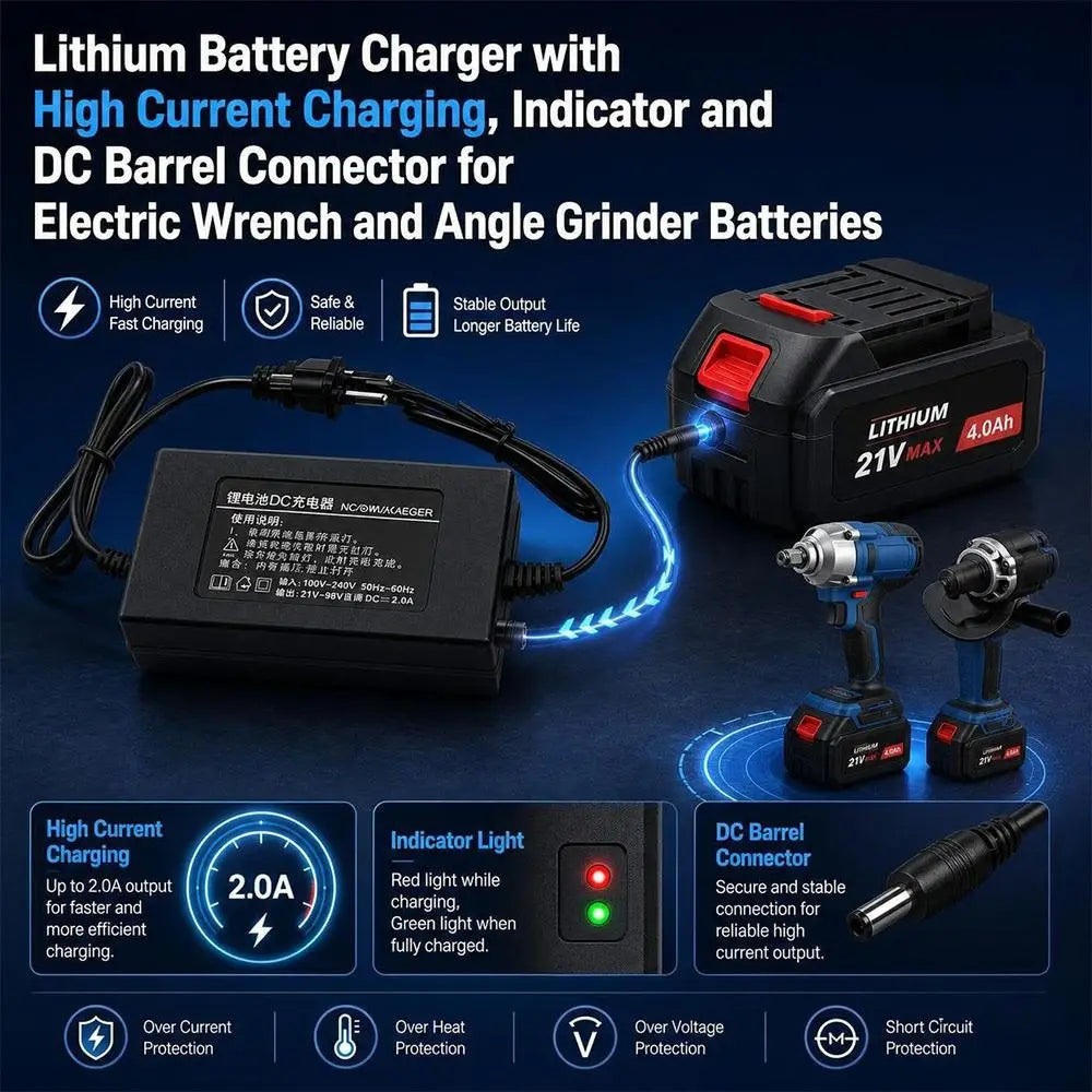21V 2.0A Lithium Battery Charger for Power Tools – DC Barrel Power Tool Charger Nixie