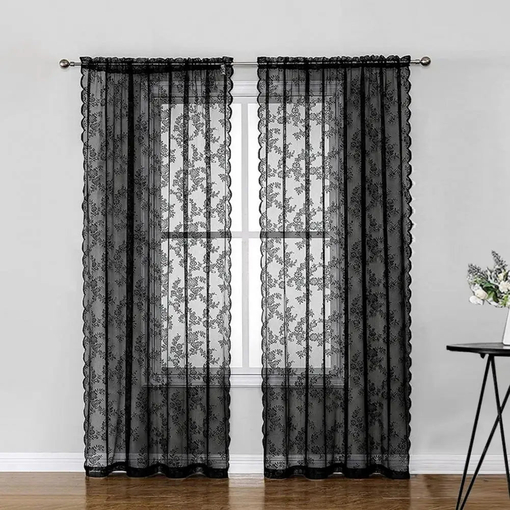 Black Floral Lace Sheer Curtain Panel – Rod Pocket Window Drape Sheer Curtain Panel Nixie
