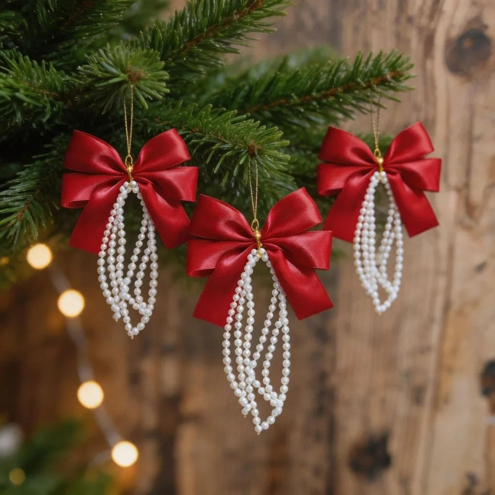 12pcs Velvet Christmas Tree Bows Gold Twist Ties Pearl Tassel Christmas Tree Bows Nixie
