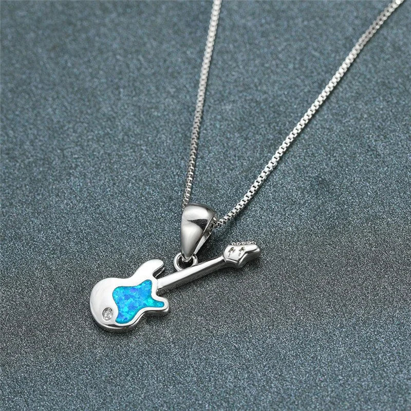Crystal Opal Guitar Pendant Necklace – Silver Chain for Women Pendant Necklace Nixie