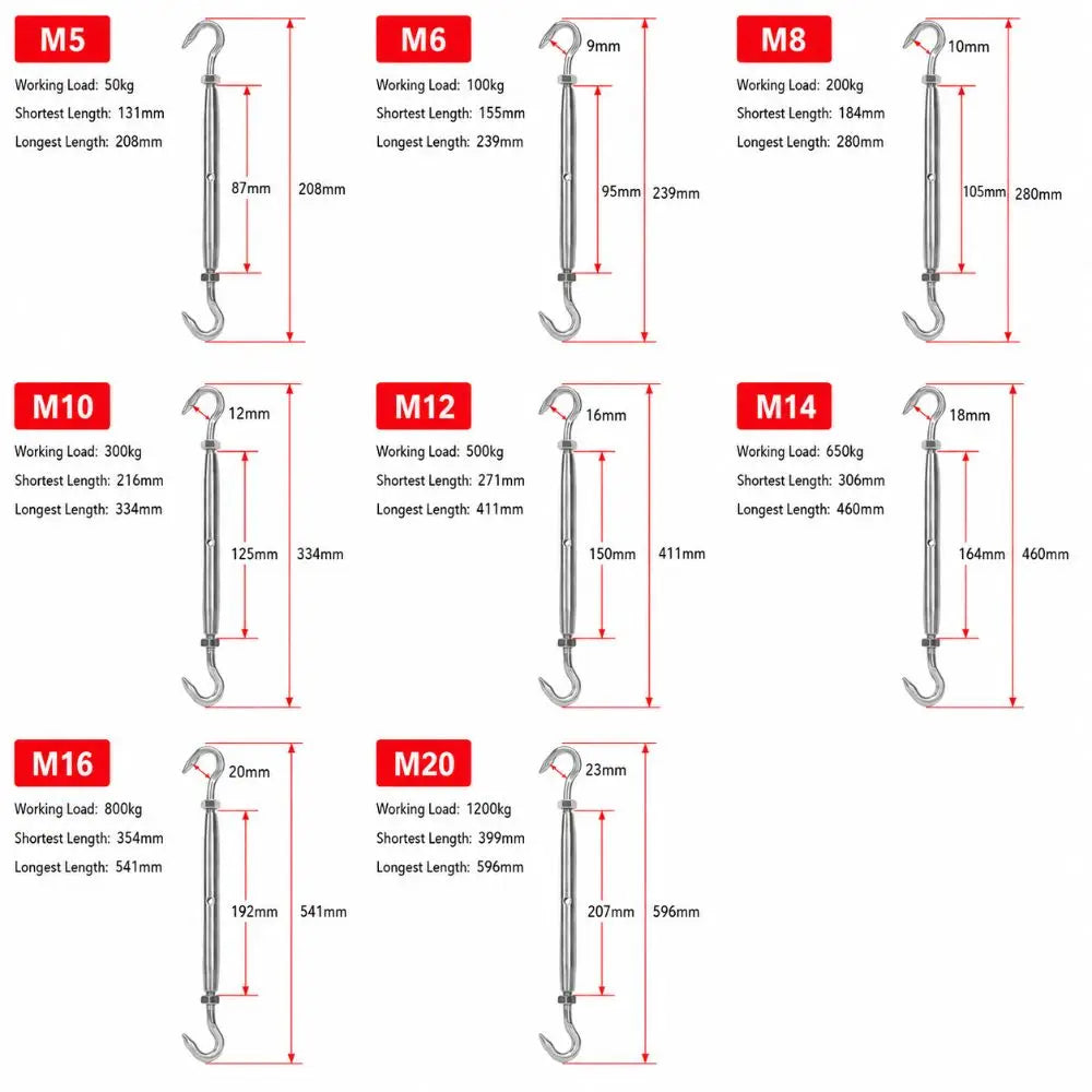 304 Stainless Steel Turnbuckle Wire Rope Tensioner M5–M20