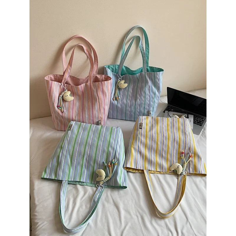 Striped Canvas Tote Bag – Large Capacity Shoulder Bag Canvas Tote Bag Nixie