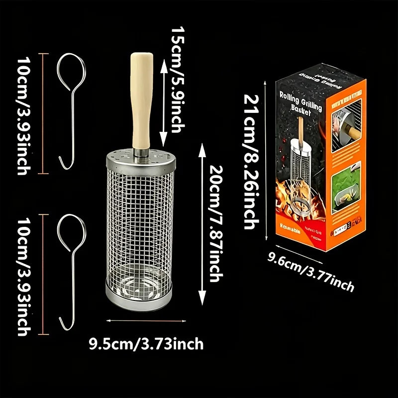 3-Piece Stainless Steel BBQ Grill Basket Set | Air Fryer & Camping BBQ Grill Basket Set Nixie 3pcs 1BBQ cage 2hook