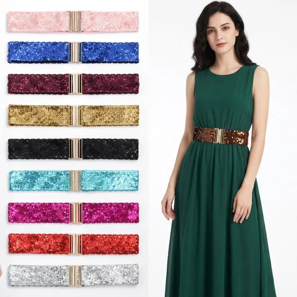 Women's Elastic Sequin Stretch Belt Gold Buckle – 60cm Sequin Stretch Belt Nixie