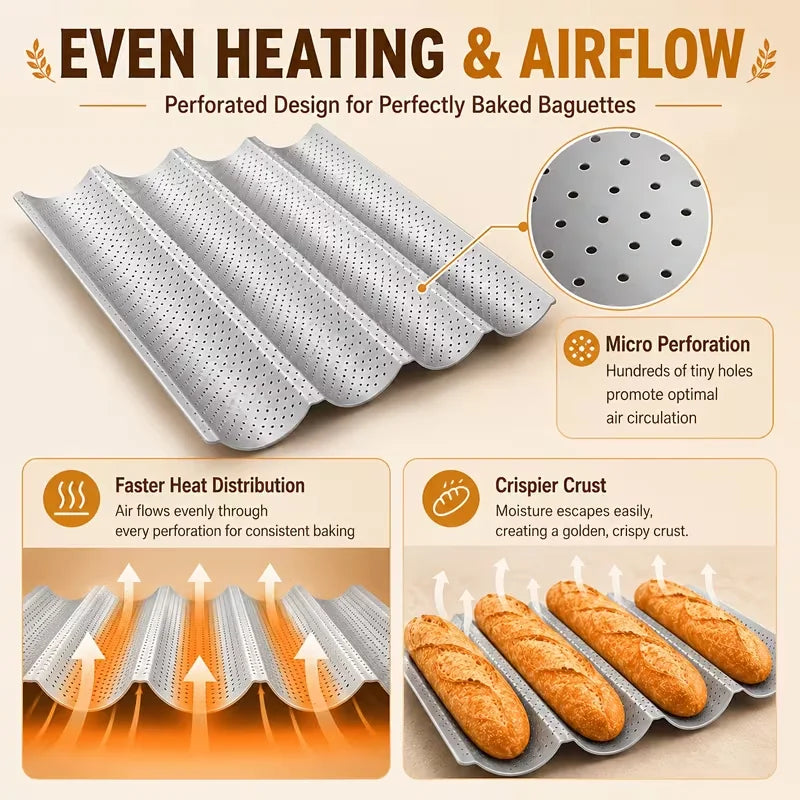 4-Wave Nonstick Baguette Pan – Carbon Steel French Bread Tray Baguette Baking Pan Nixie