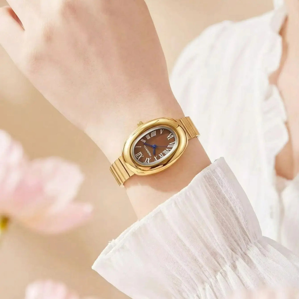 REBIRTH Vintage Oval Gold Women's Quartz Watch Roman Numeral Women's Quartz Watch Nixie