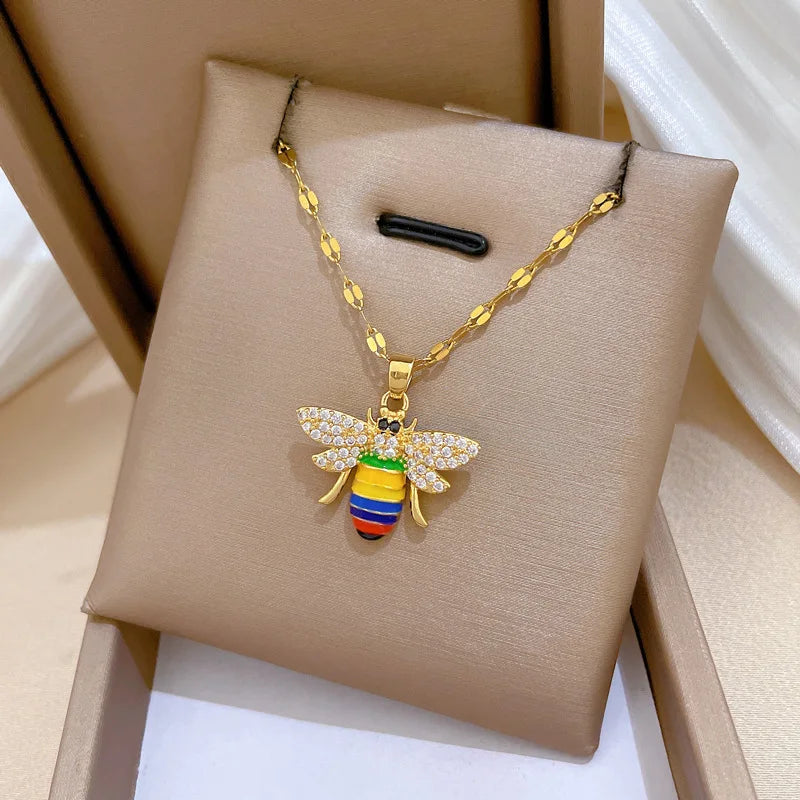 Gold Bee Pendant Choker Necklace – Stainless Steel & Zircon Pendant Choker Necklace Nixie