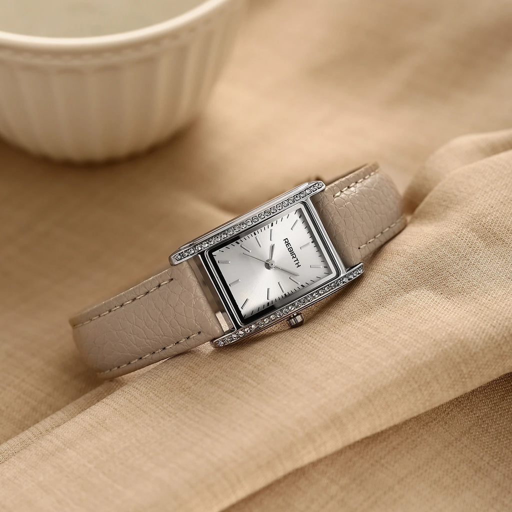 REBIRTH Women's Slim Square Dial Quartz Watch – Leather Strap Women's Quartz Watch Nixie
