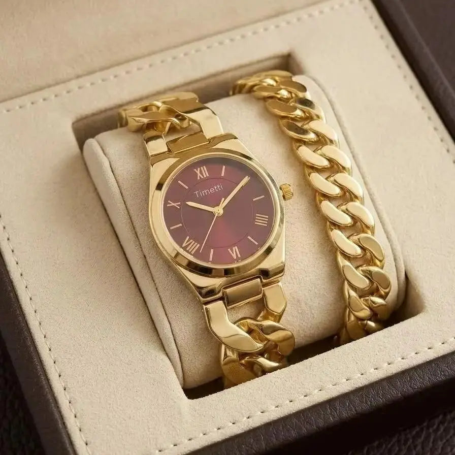 Women's Gold Watch & Bracelet Set | Quartz Roman Numeral Watch & Bracelet Set Nixie