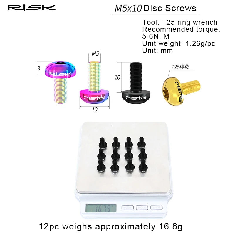 RISK Titanium Alloy Disc Rotor Bolts M5x10mm 12pcs Bike Screws Disc Rotor Bolts Nixie