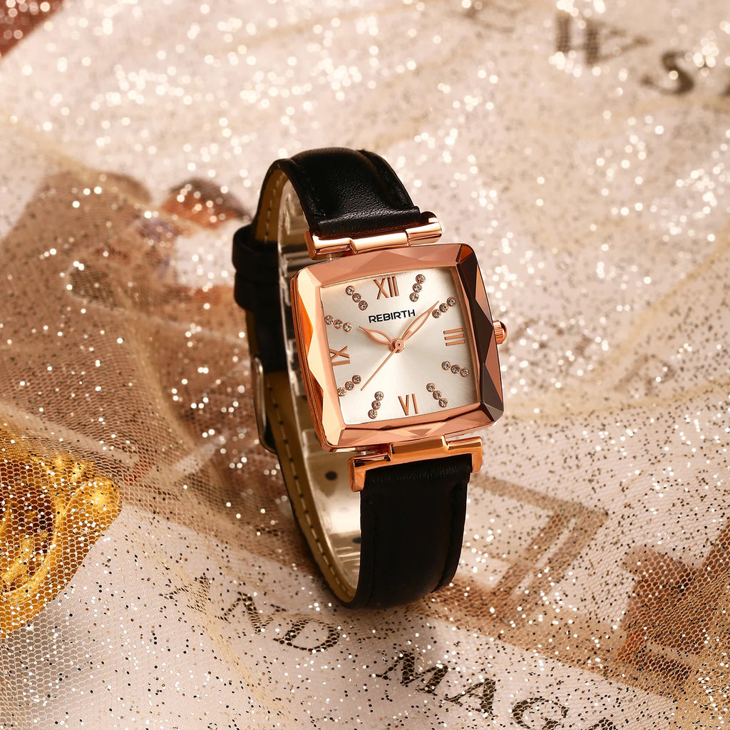 REBIRTH Square Women's Rhinestone Quartz Watch | Leather Band Women's Fashion Watch Nixie