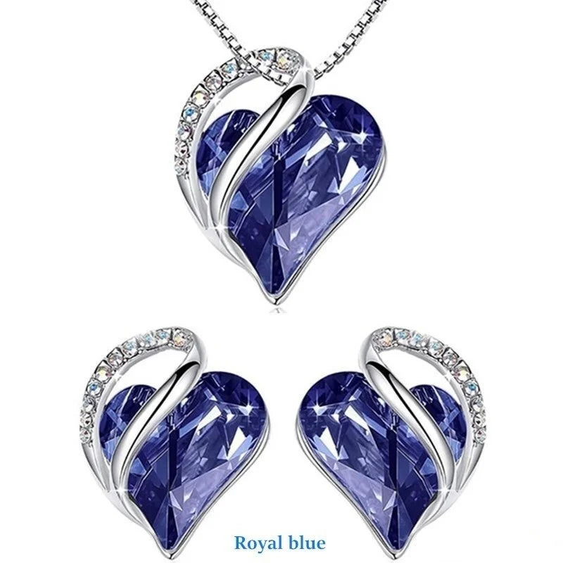 925 Silver Plated Heart Crystal Earrings & Necklace Set | Nixie Crystal Jewelry Set Nixie