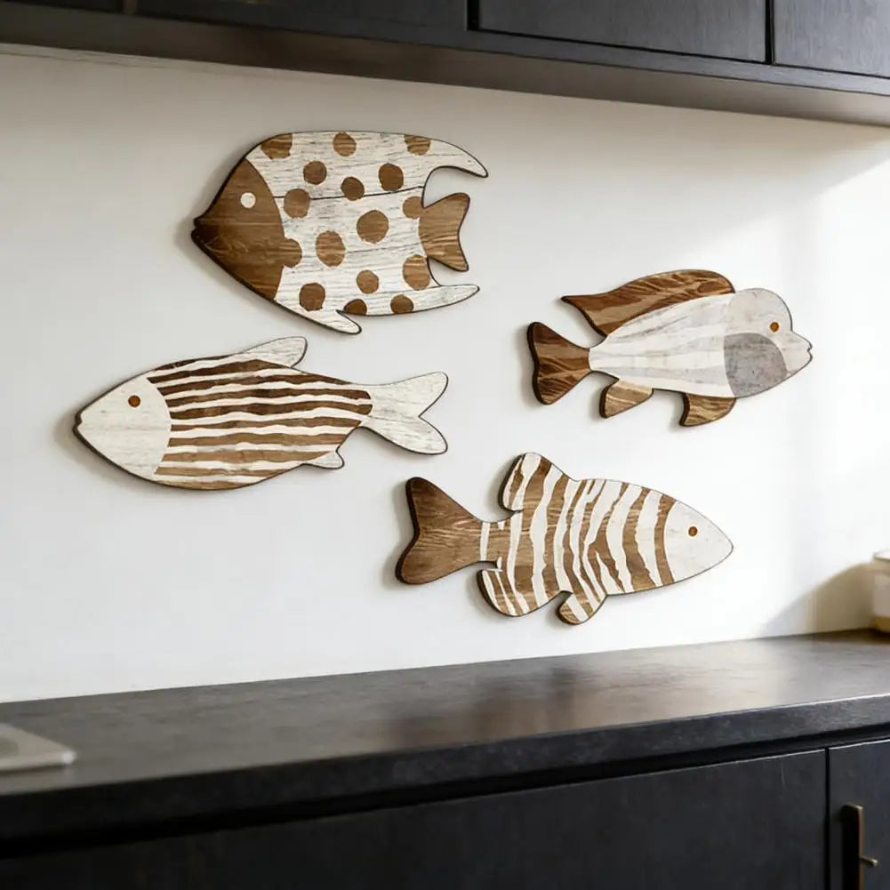 4Pcs Nautical Wooden Fish Wall Art | Coastal Beach Decor Set
