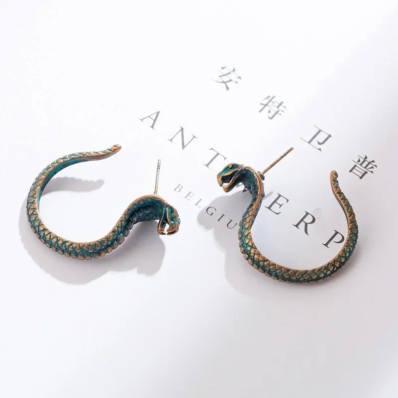 Antique Green Cobra Stud Earrings – Punk Crystal Zinc Alloy Fashion Stud Earrings Nixie