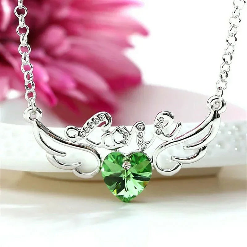 Angel Wings Green Crystal Rhinestone Pendant Necklace – Zinc Alloy Crystal Pendant Necklace Nixie