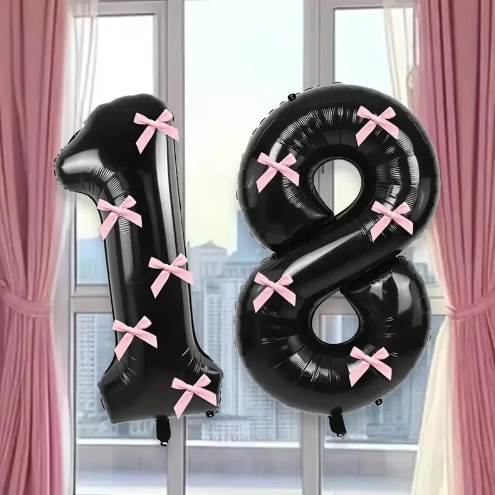32 Inch Black Number Balloon with Pink Bows | Foil Party Decor Party Balloon Decoration Nixie