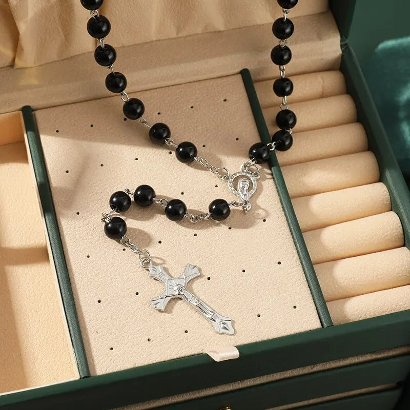 Handmade Vintage Pearl Rosary Necklace with Cross Pendant Beaded Pendant Necklace Nixie