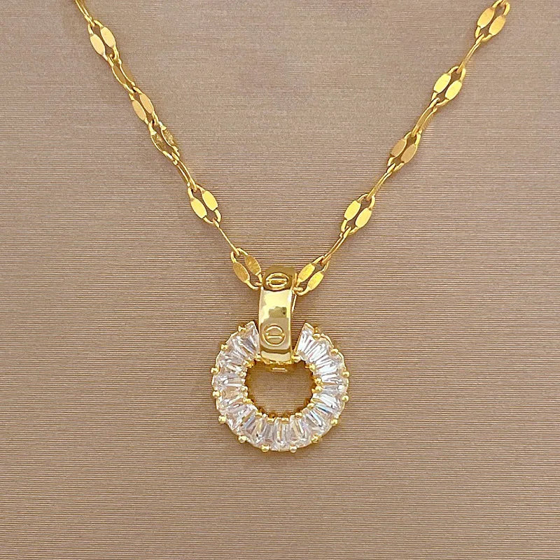 Women's Zircon Round Pendant Necklace | Gold Stainless Steel Pendant Necklace Nixie