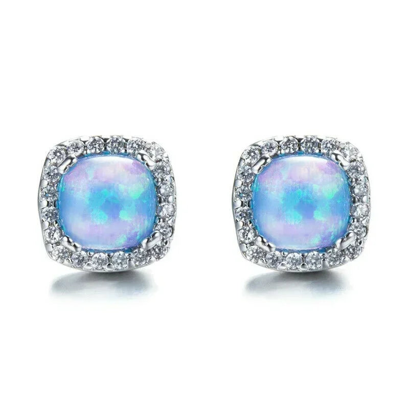 Square Blue Simulated Opal Dangle Earrings | Trendy Women